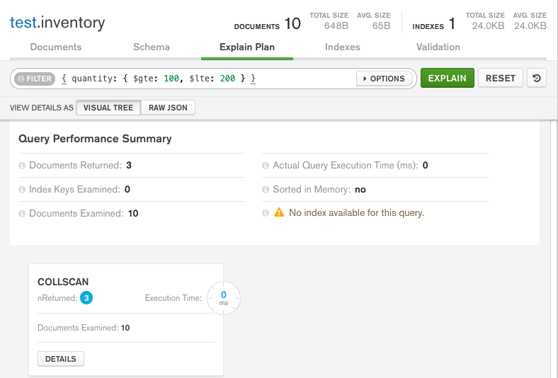 Compass no index query plan