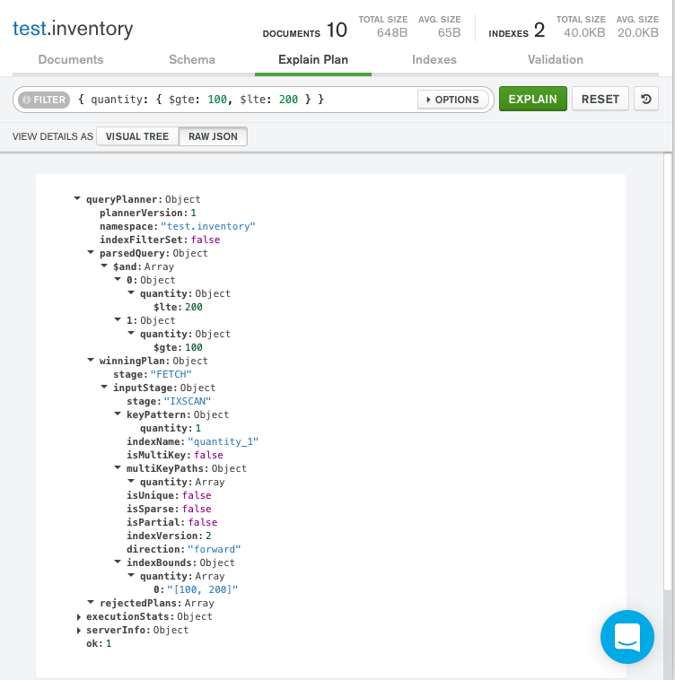 Compass query plan with index raw JSON