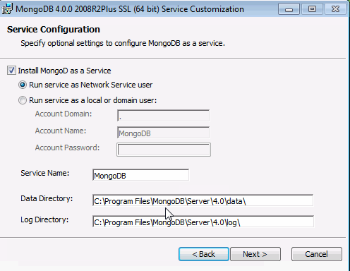 Image of the MongoDB Installer wizard - Service Configuration.